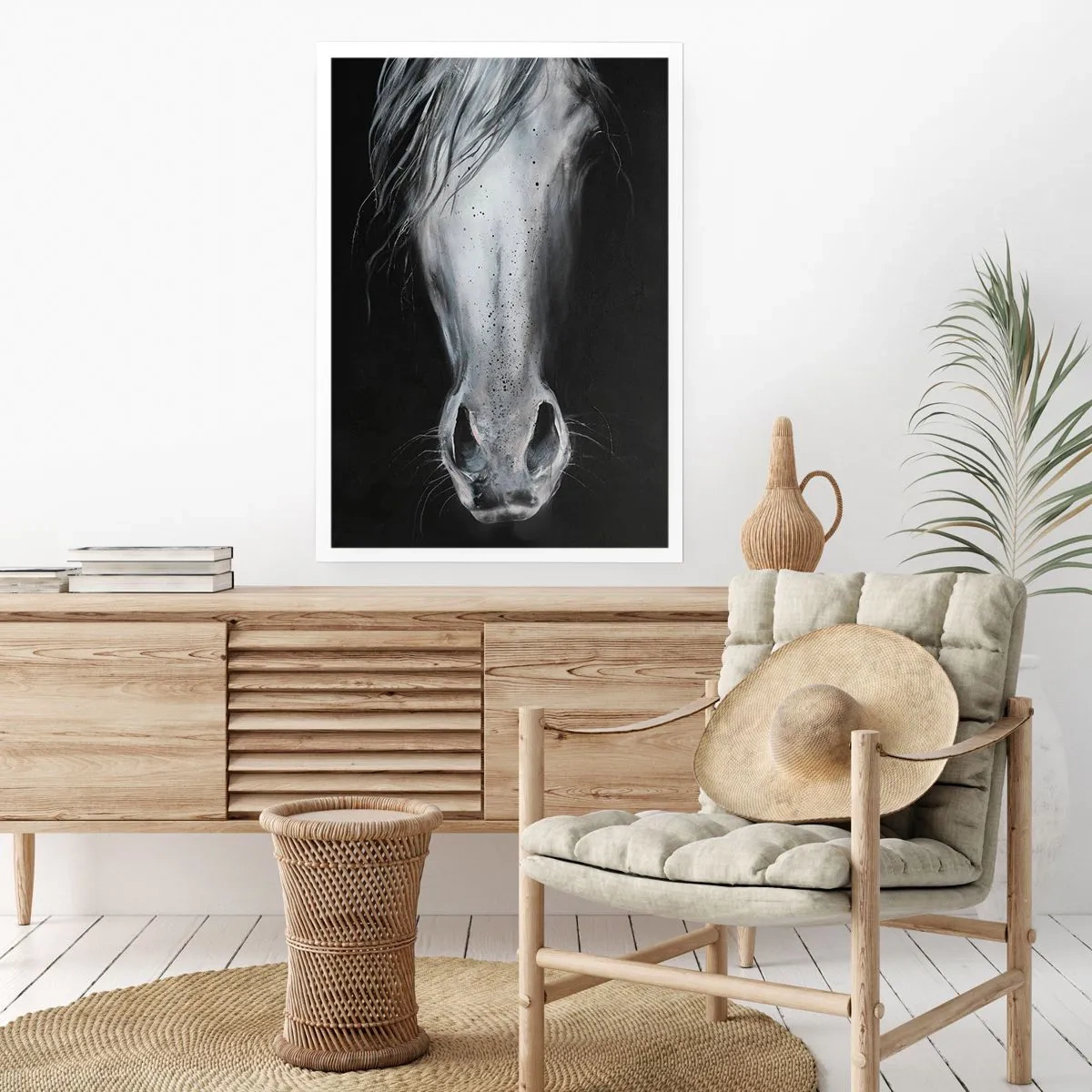 Poster - Nahaufnahme eines Pferdegesichts in Schwarzweiß - 50x70cm - Verführerischer Look - Moderne Wanddekoration für Wohnzimmer und Schlafzimmer ARTTOR