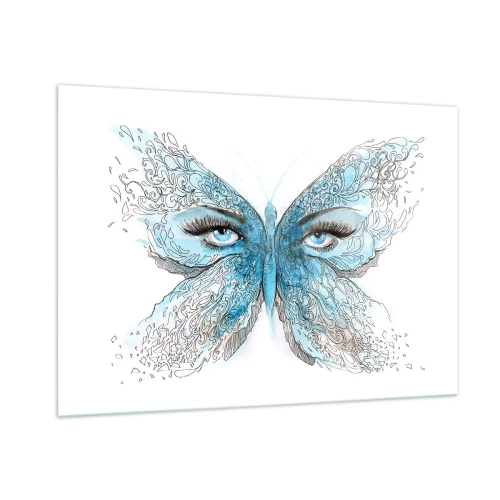 Glasbild - Bild auf glas - Ein Schmetterling mit blauen Flügeln und menschlichen Augen im künstlerischen Stil. - 100x70cm - Eros Blaumeise - Moderne Wanddekoration für Wohnzimmer und Schlafzimmer ARTTOR