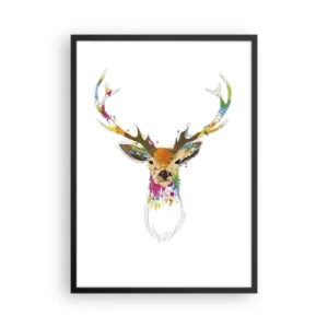 Poster in einem schwarzem Rahmen - Bunte Hirsche im abstrakten Stil auf weißem Hintergrund - 50x70cm - Ein mildes Reh in Farbe getaucht - Moderne Wanddekoration für Wohnzimmer und Schlafzimmer ARTTOR