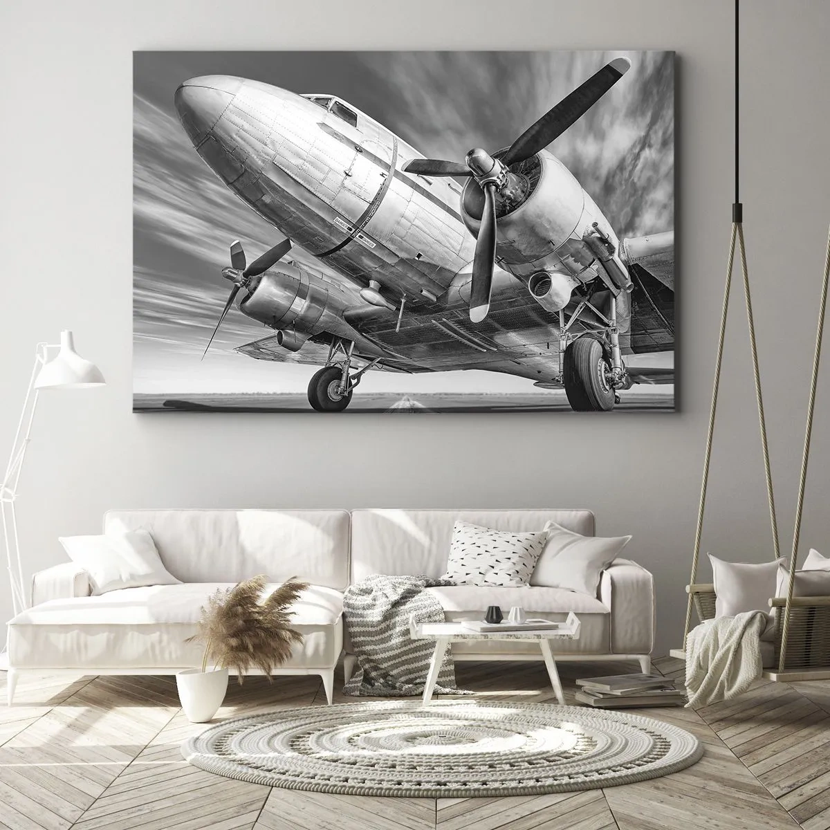 Bild auf Leinwand - Leinwandbild - Ein Schwarzweißbild eines klassischen Flugzeugs mit sichtbaren Strukturdetails. - 120x80cm - Immer flugbereit - Moderne Wanddekoration für Wohnzimmer und Schlafzimmer ARTTOR