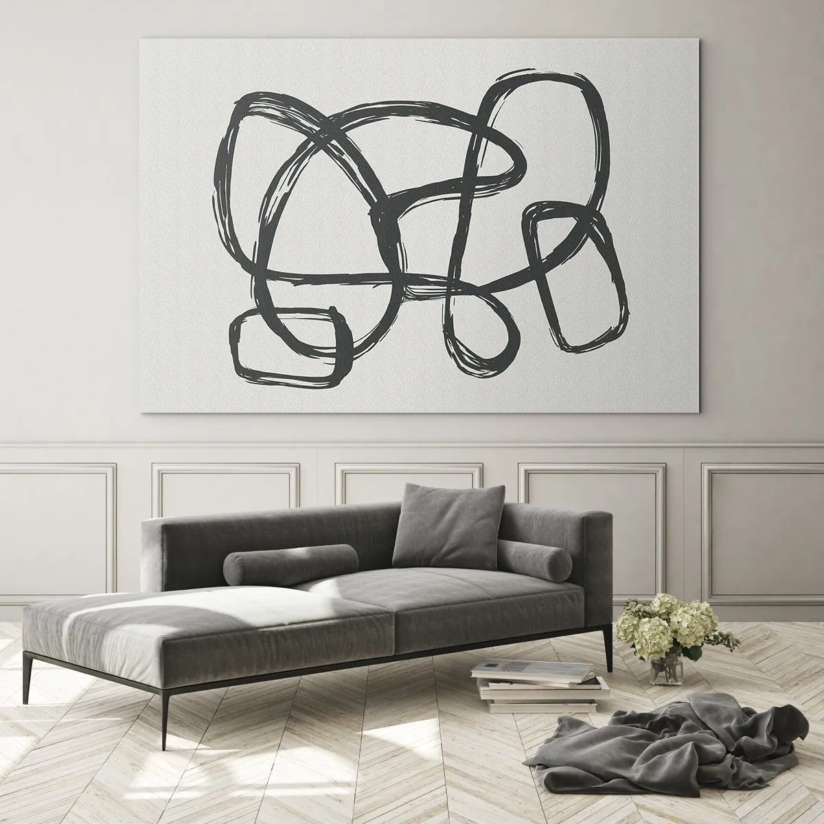 Glasbild - Bild auf glas - Schwarze Schleifen und Linien bilden eine abstrakte Komposition auf weißem Hintergrund. - 70x50cm - Schleifenabstraktion - Moderne Wanddekoration für Wohnzimmer und Schlafzimmer ARTTOR