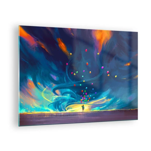Glasbild - Bild auf glas - Eine Person hält bunte Luftballons vor einem blauen Windhintergrund. - 70x50cm - Zum blauen Wind - Moderne Wanddekoration für Wohnzimmer und Schlafzimmer ARTTOR