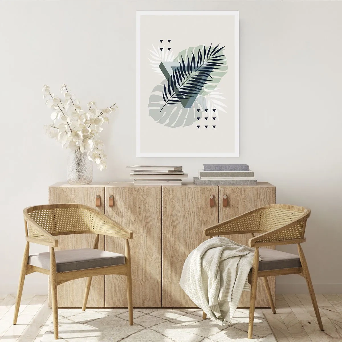 Poster - Abstrakte tropische Blätter auf hellem Hintergrund - 50x70cm - Natur und Geometrie – zwei Ordnungen? - Moderne Wanddekoration für Wohnzimmer und Schlafzimmer ARTTOR