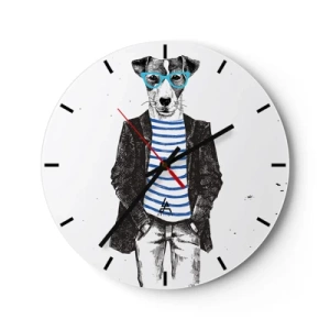 Wanduhr - Glasuhr - Ein Hund mit Brille und Matrosenhemd - 30x30cm - Auf den Charme des Hundes - Moderne Wanddekoration für Wohnzimmer, Küche und Schlafzimmer ARTTOR