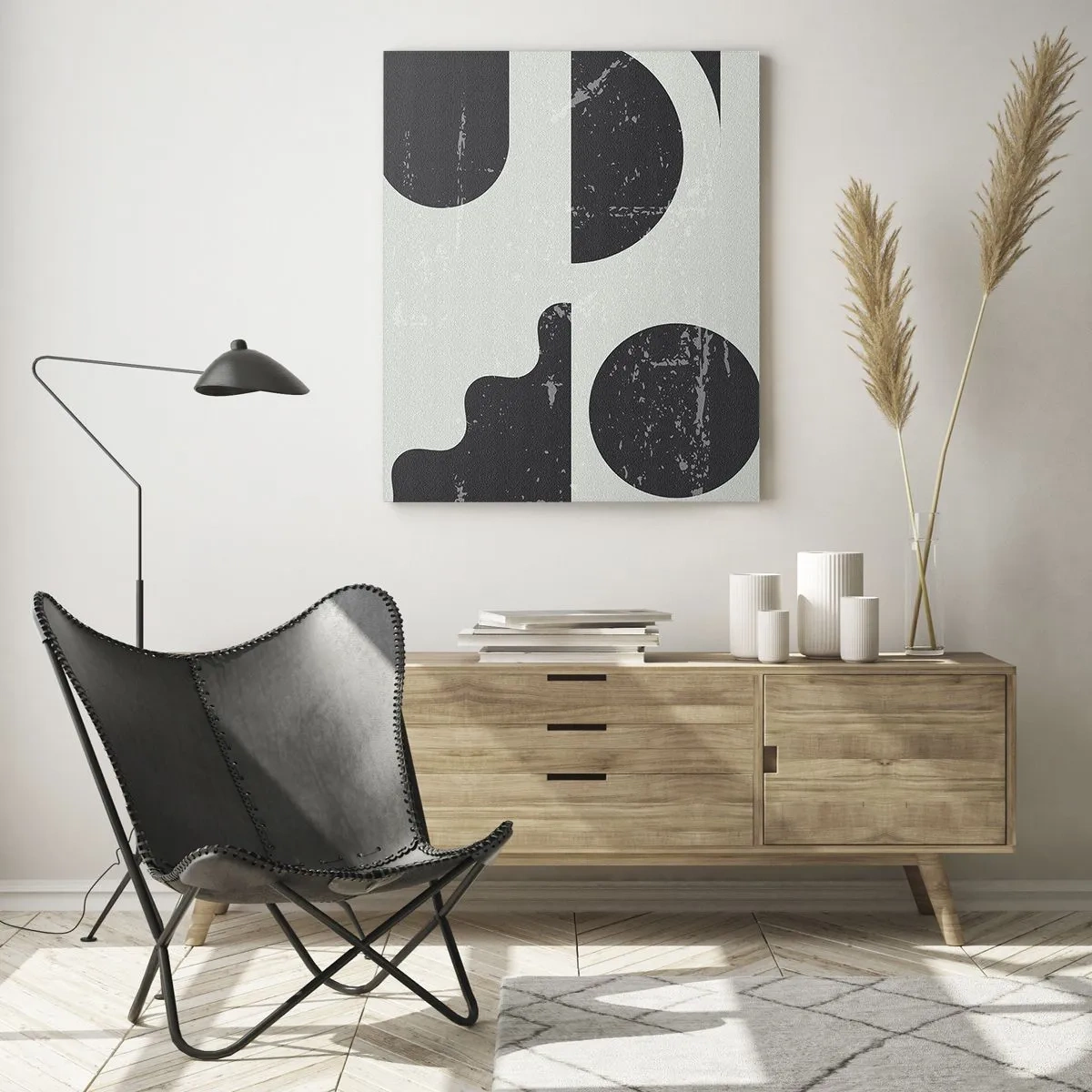 Glasbild - Bild auf glas - Geometrische Muster in Schwarz- und Grautönen - 80x120cm - Komposition oben und unten - Moderne Wanddekoration für Wohnzimmer und Schlafzimmer ARTTOR