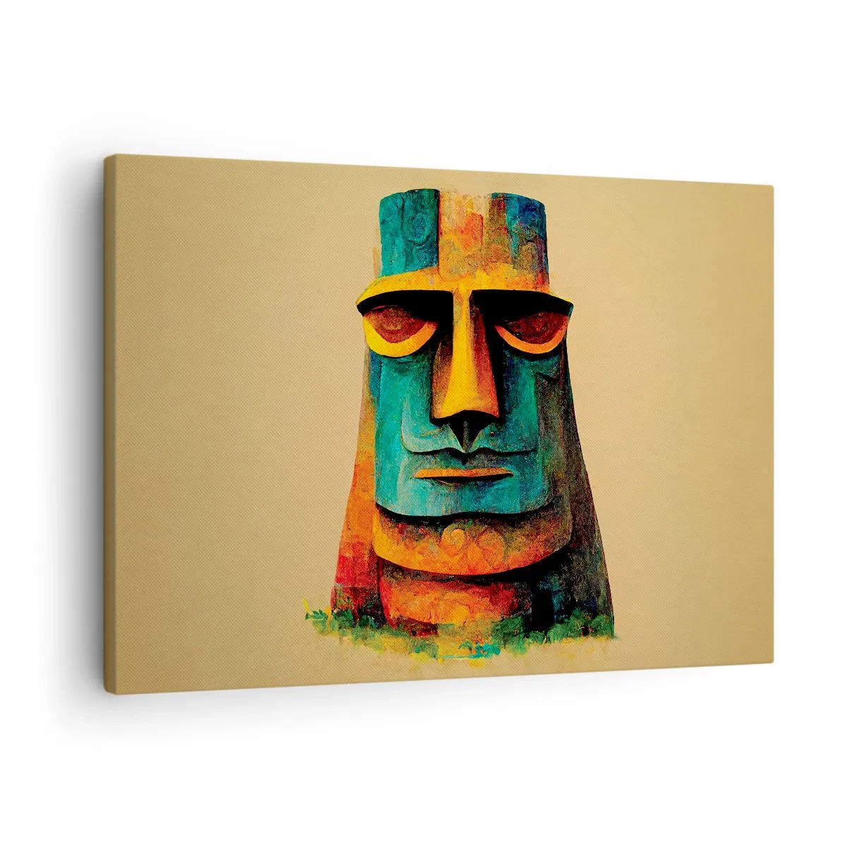 Bild auf Leinwand - Leinwandbild - Bunte Statue von der Osterinsel - 70x50cm - Statuenhaft und sympathisch - Moderne Wanddekoration für Wohnzimmer und Schlafzimmer ARTTOR