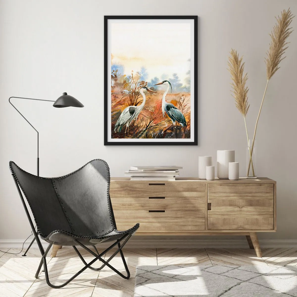 Poster in einem schwarzem Rahmen - Kraniche vor dem Hintergrund einer herbstlichen Landschaft in Aquarell - 50x70cm - Wohin im Herbst? - Moderne Wanddekoration für Wohnzimmer und Schlafzimmer ARTTOR