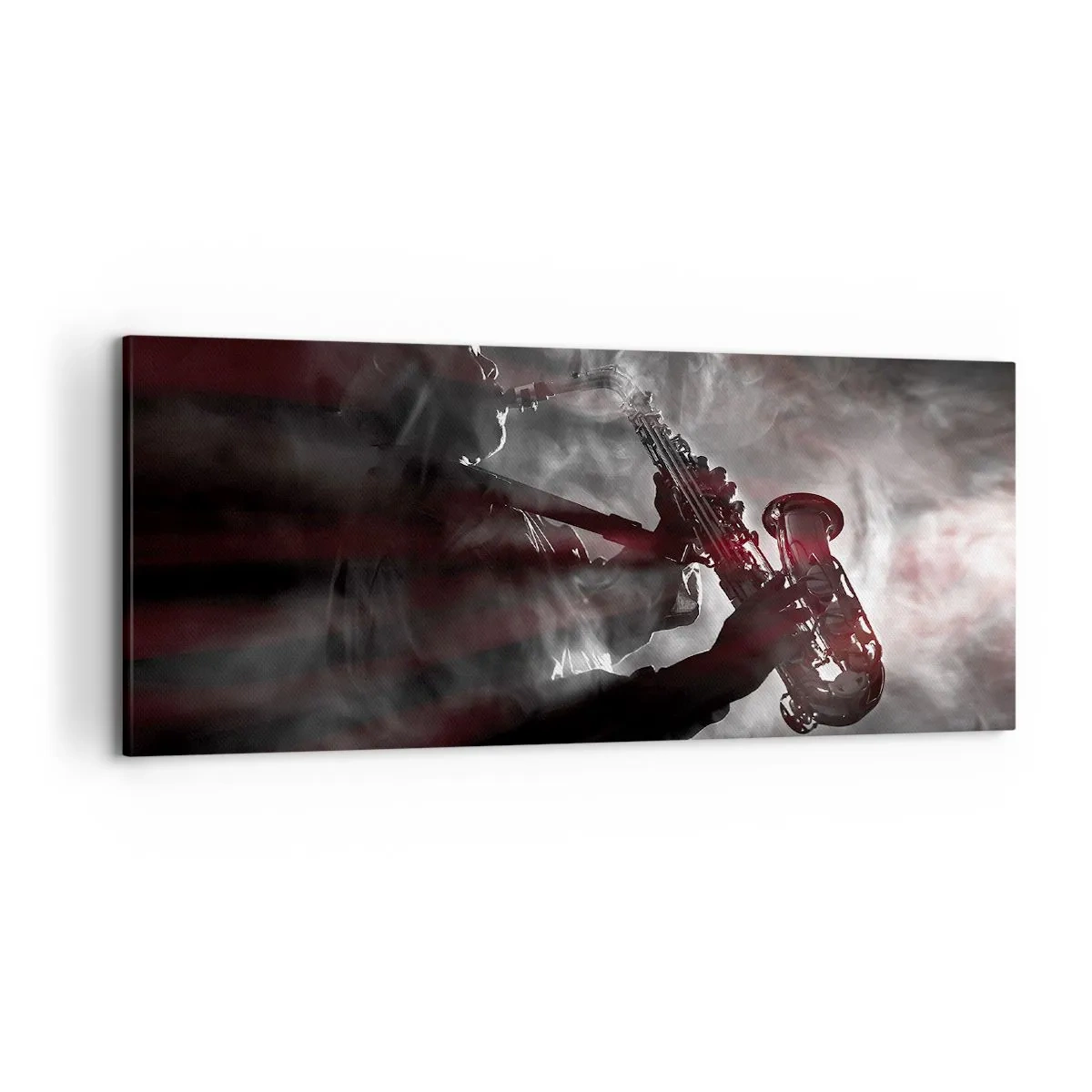 Bild auf Leinwand - Leinwandbild - Saxophonist im Rauch auf der Bühne in stimmungsvollem Schwarz und Rot - 120x50cm - In den Dämpfen des Jazz - Moderne Wanddekoration für Wohnzimmer und Schlafzimmer ARTTOR
