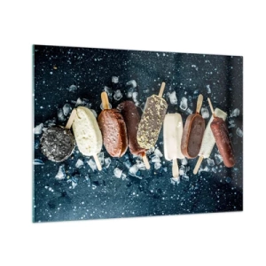 Glasbild - Bild auf glas - Eis am Stiel in verschiedenen Geschmacksrichtungen auf Eiswürfeln angeordnet - 70x50cm - Geschmack des heißen Sommers - Moderne Wanddekoration für Wohnzimmer und Schlafzimmer ARTTOR