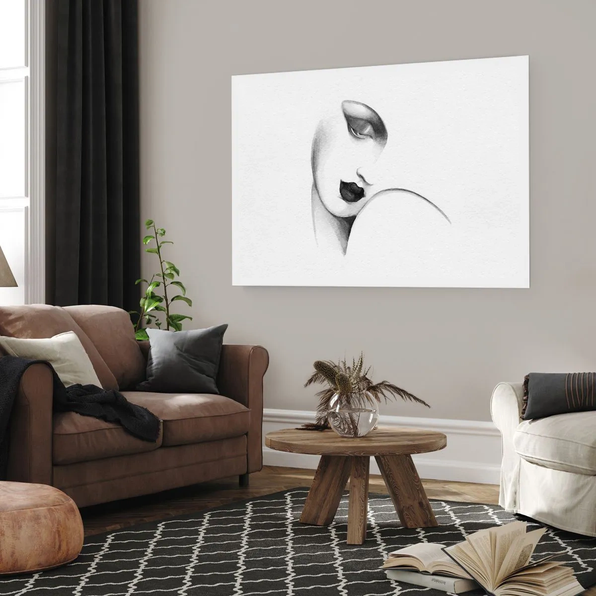 Poster - Ein subtiles Frauenporträt im monochromen Stil - 100x70cm - Im Stil von Łempicka - Moderne Wanddekoration für Wohnzimmer und Schlafzimmer ARTTOR
