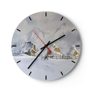 Wanduhr - Glasuhr - Winterlandschaft mit Hütte und Heuhaufen im Schnee - 30x30cm - In einem verschneiten Talkessel - Moderne Wanddekoration für Wohnzimmer, Küche und Schlafzimmer ARTTOR