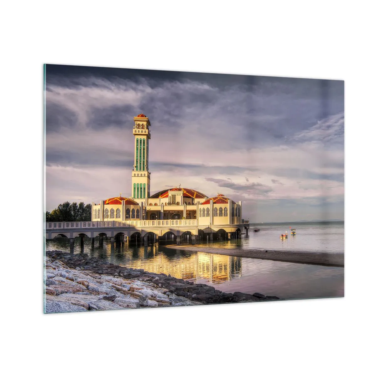 Glasbild - Bild auf glas - Moschee am Wasser in malerischem Licht - 100x70cm - Tempel der Natur - Moderne Wanddekoration für Wohnzimmer und Schlafzimmer ARTTOR