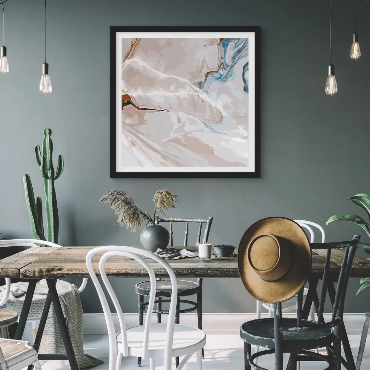 Poster in einem schwarzem Rahmen - Blau schlängelt sich unter dem Weiß - 60x60 cm