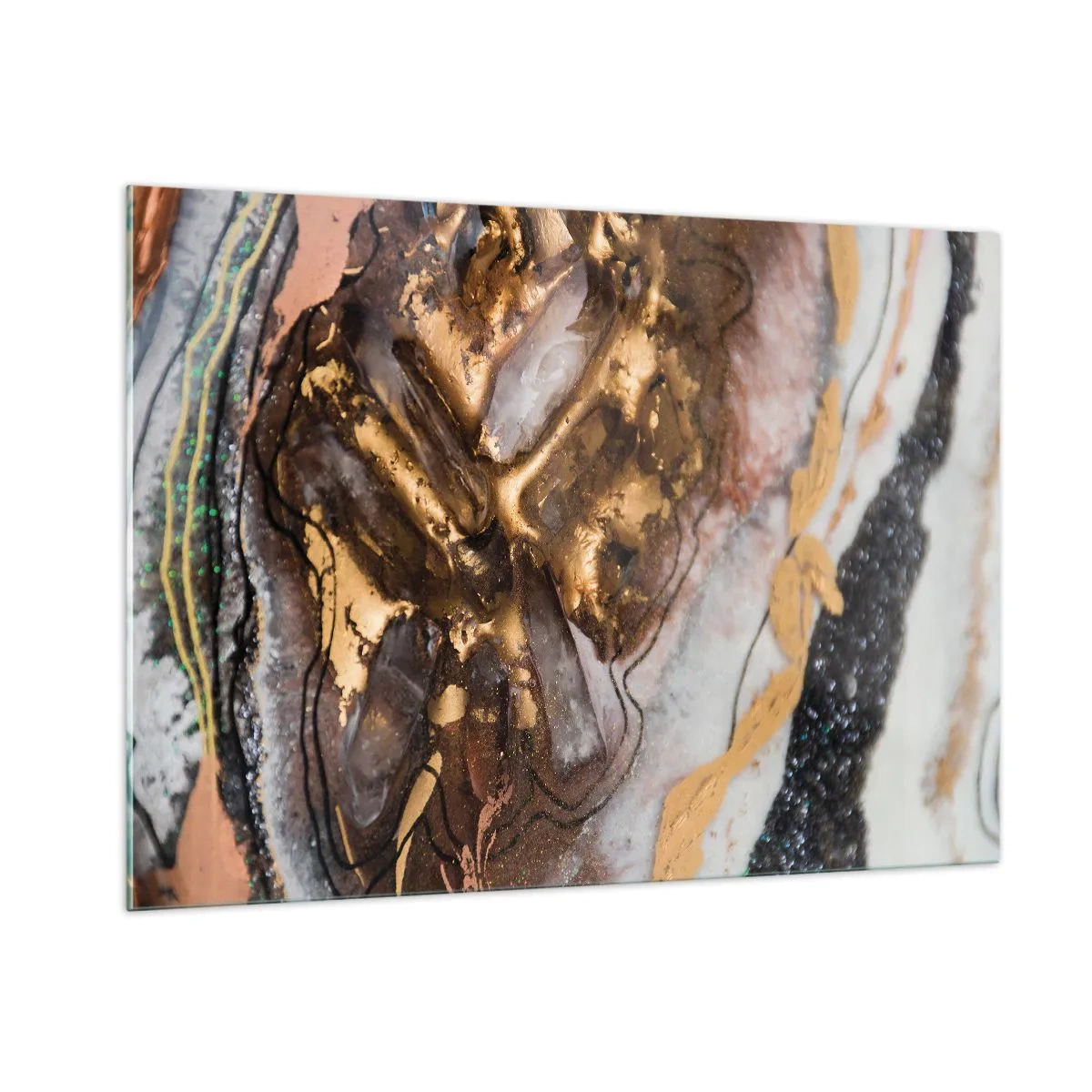 Glasbild - Bild auf glas - Ein abstraktes Gemälde in Gold-, Braun- und Weißtönen mit einer mineralähnlichen Textur. - 100x70cm - Das Element der Erde - Moderne Wanddekoration für Wohnzimmer und Schlafzimmer ARTTOR