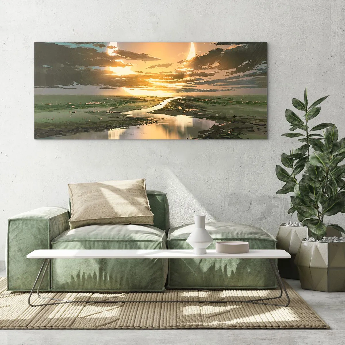 Glasbild - Bild auf glas - Eine fantastische Landschaft mit zwei Monden am Horizont - 120x50cm - Irgendwo in einer weit, weit entfernten Galaxie - Moderne Wanddekoration für Wohnzimmer und Schlafzimmer ARTTOR