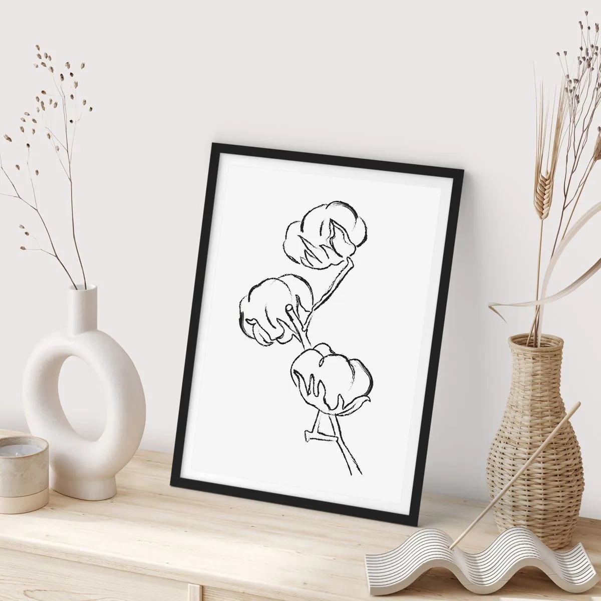Poster in einem schwarzem Rahmen - Eine minimalistische Skizze eines Baumwollzweigs - 50x70cm - Baumwolldaunen - Moderne Wanddekoration für Wohnzimmer und Schlafzimmer ARTTOR