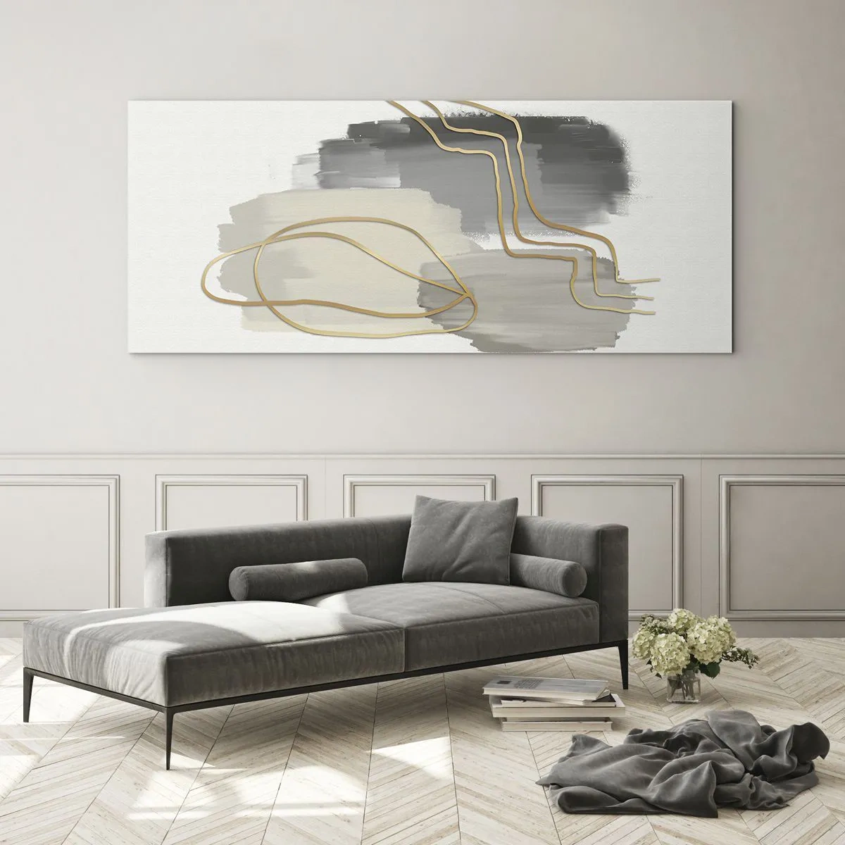Glasbild - Bild auf glas - Abstrakte goldene Linien auf grauem Hintergrund - 120x50cm - Dauer und Bewegung - Moderne Wanddekoration für Wohnzimmer und Schlafzimmer ARTTOR