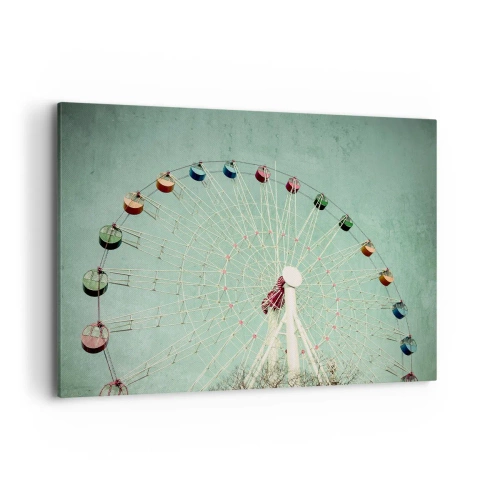 Bild auf Leinwand - Leinwandbild - Ein buntes Riesenrad vor blauem Himmel im Retro-Stil - 120x80cm - Wir laden zum Spiel ein - Moderne Wanddekoration für Wohnzimmer und Schlafzimmer ARTTOR