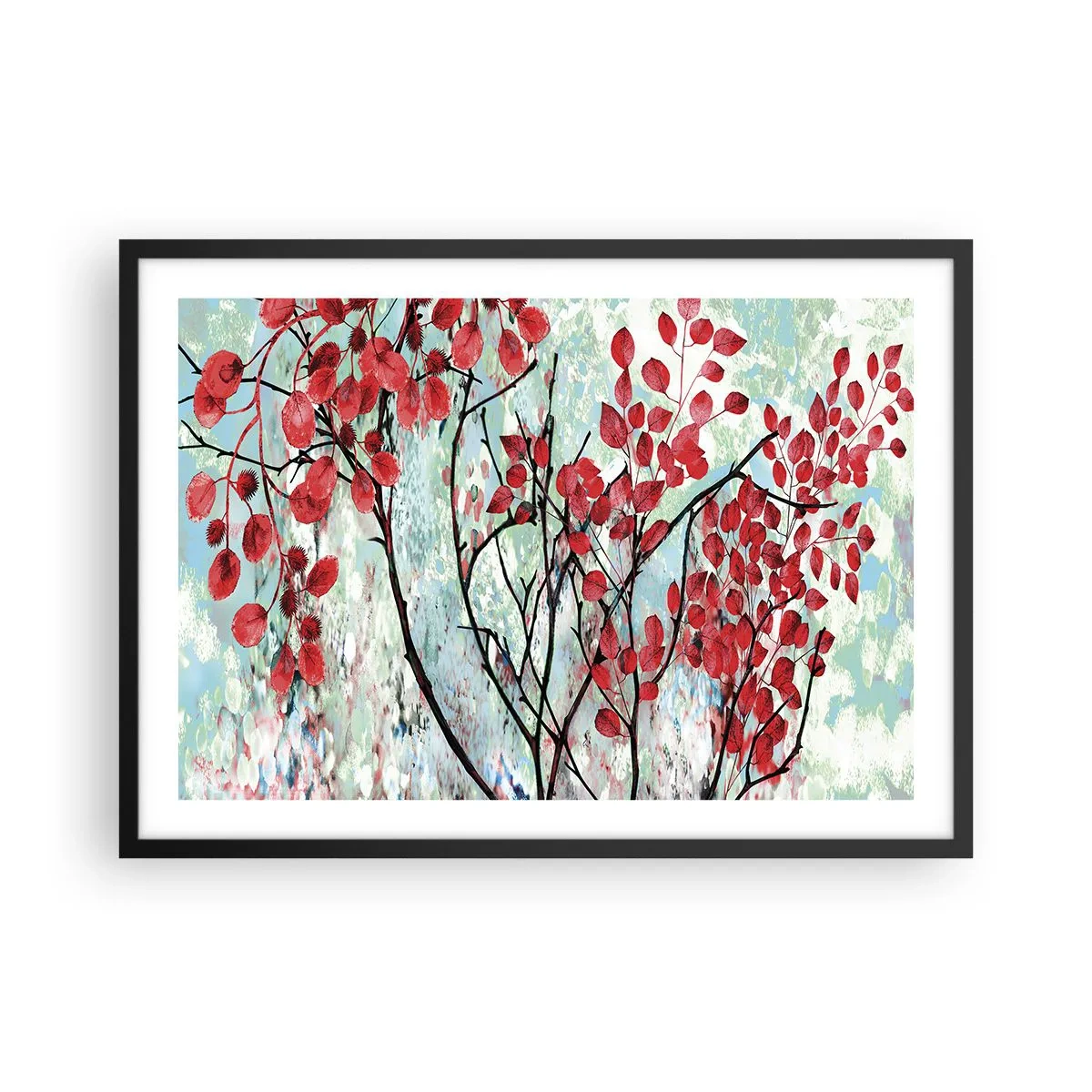 Poster in einem schwarzem Rahmen - Rote Blätter vor einem hellen Himmel mit abstrakten Mustern - 70x50cm - Baum in Scharlachrot - Moderne Wanddekoration für Wohnzimmer und Schlafzimmer ARTTOR