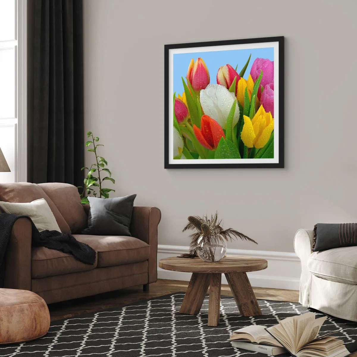 Poster in einem schwarzem Rahmen - Ein blumiger Regenbogen in Tautropfen - 30x30 cm