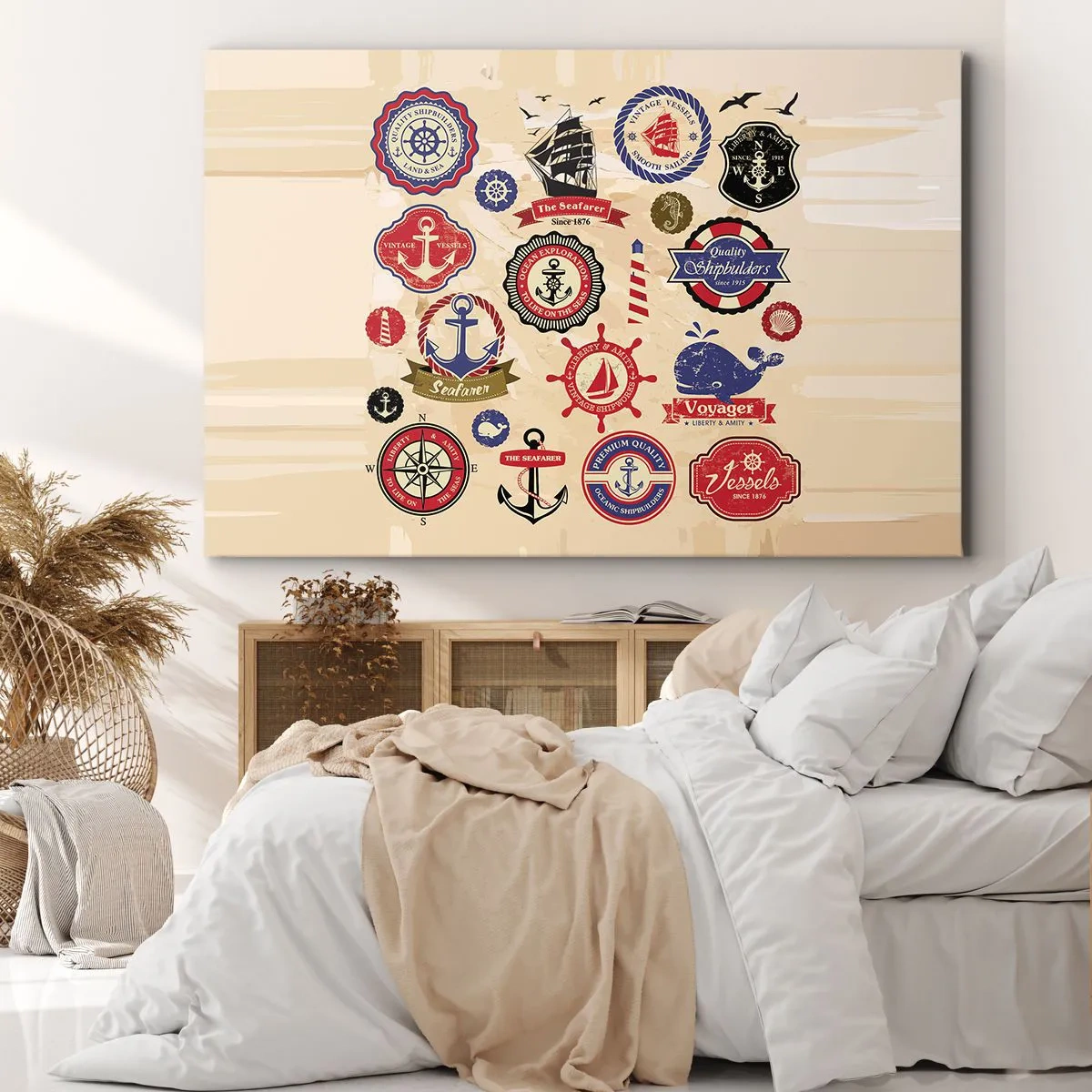 Bild auf Leinwand - Leinwandbild - Eine Sammlung nautischer Grafiken und Symbole auf hellem Hintergrund - 70x50cm - Segelbruderschaft - Moderne Wanddekoration für Wohnzimmer und Schlafzimmer ARTTOR