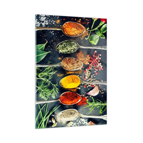 Glasbild - Bild auf glas - Bunte Gewürze in Löffeln, umgeben von frischen Kräutern und Gemüse - 50x70cm - Kulinarische Magie - Moderne Wanddekoration für Wohnzimmer und Schlafzimmer ARTTOR