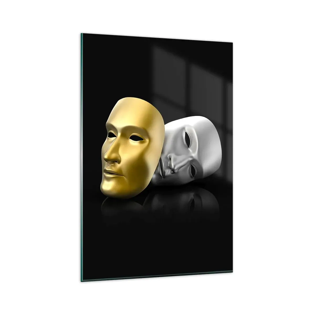 Glasbild - Bild auf glas - Gold- und Silbermaske auf schwarzem Hintergrund - 80x120cm - Das Leben ist wie ein Theater - Moderne Wanddekoration für Wohnzimmer und Schlafzimmer ARTTOR