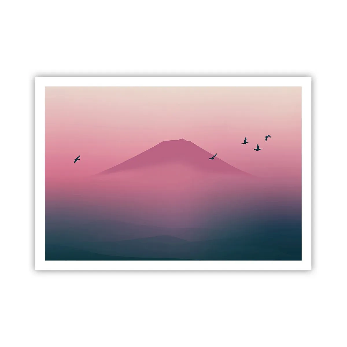 Poster - Eine minimalistische Landschaft mit einem Berg und Vögeln bei Sonnenaufgang - 100x70cm - Wanderer über den Wolken - Moderne Wanddekoration für Wohnzimmer und Schlafzimmer ARTTOR