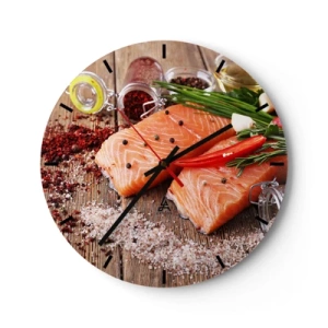 Wanduhr - Glasuhr - Lachsfilet mit Gewürzen - 30x30cm - Norwegisches Abenteuer in der Küche - Moderne Wanddekoration für Wohnzimmer, Küche und Schlafzimmer ARTTOR