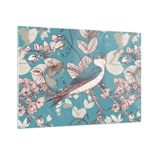 Glasbild - Bild auf glas - Ein Vogel auf einem Ast zwischen Blumen auf türkisfarbenem Hintergrund - 100x70cm - Im Weißholz von Rot und Silber - Moderne Wanddekoration für Wohnzimmer und Schlafzimmer ARTTOR