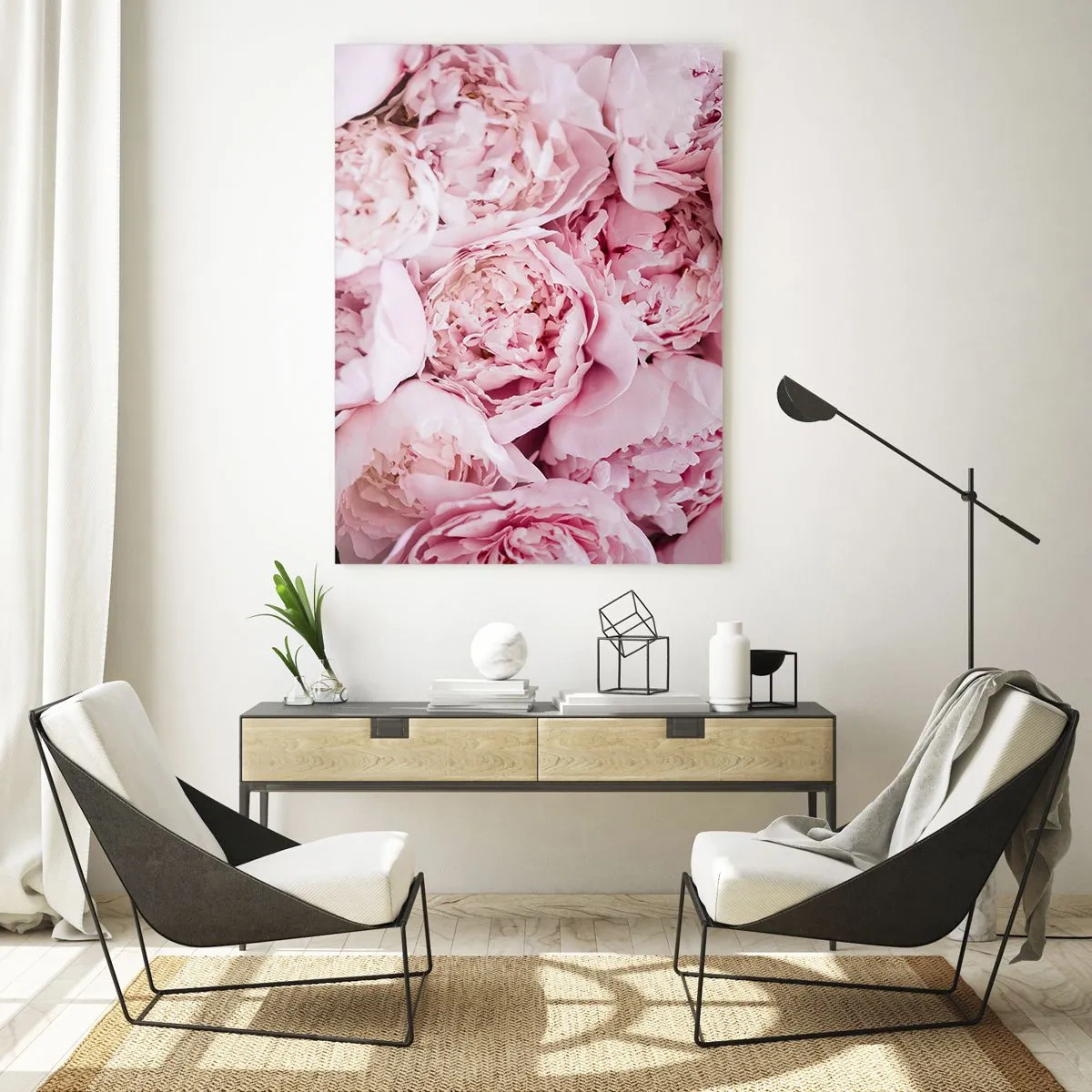 Glasbild - Bild auf glas - Eine Nahaufnahme eines Straußes rosa Pfingstrosen - 70x100cm - Anschmiegsam und duftend - Moderne Wanddekoration für Wohnzimmer und Schlafzimmer ARTTOR
