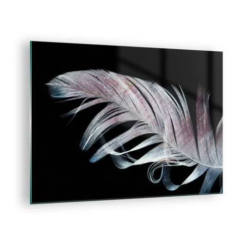 Glasbild - Bild auf glas - Eine zarte Feder auf schwarzem Hintergrund in einem künstlerischen Ansatz - 70x50cm - Denke an Berührung - Moderne Wanddekoration für Wohnzimmer und Schlafzimmer ARTTOR