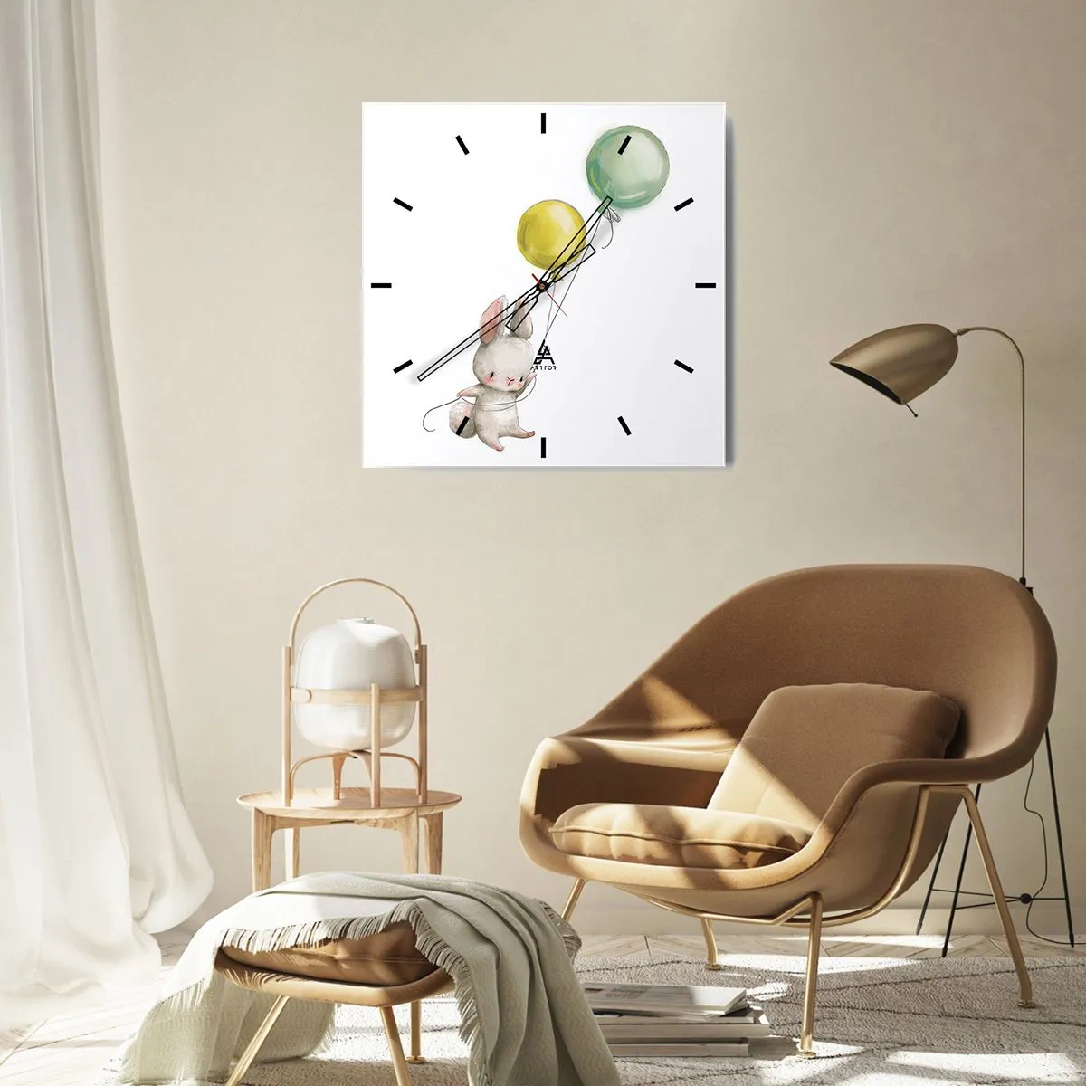 Wanduhr - Glasuhr - Ein Kaninchen hält pastellfarbene Luftballons - 30x30cm - Ich werde auch fliegen! - Moderne Wanddekoration für Wohnzimmer und Schlafzimmer ARTTOR