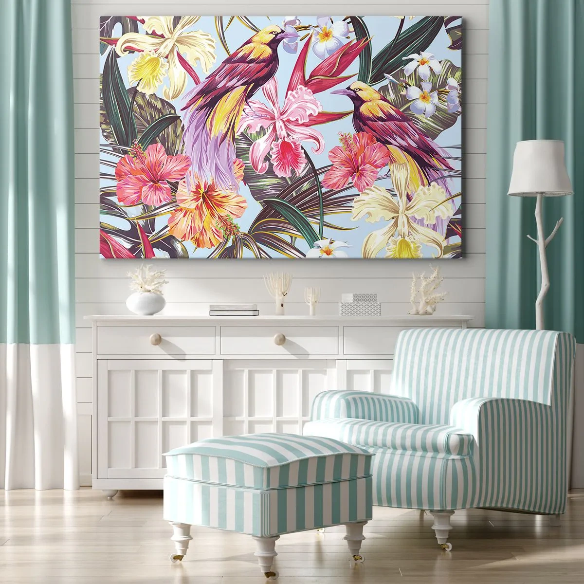 Bild auf Leinwand - Leinwandbild - Exotische Vögel zwischen tropischen Blumen - 100x70cm - Blütenblätter und Federn - Moderne Wanddekoration für Wohnzimmer und Schlafzimmer ARTTOR