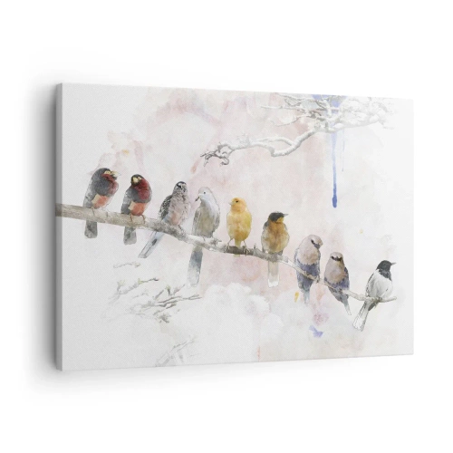 Bild auf Leinwand - Leinwandbild - Bunte Vögel auf einem Ast im Aquarellstil - 70x50cm - Geflügeltes Treffen - Moderne Wanddekoration für Wohnzimmer und Schlafzimmer ARTTOR