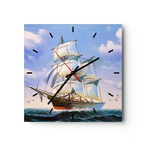 Wanduhr - Glasuhr - Ein Segelschiff auf offener See unter blauem Himmel - 30x30cm - Mit Stolz mit dem Wind - Moderne Wanddekoration für Wohnzimmer und Schlafzimmer ARTTOR