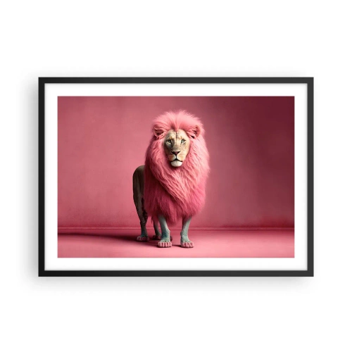 Poster in einem schwarzem Rahmen - Ein künstlerisch gestalteter Löwe mit rosa Mähne auf rosa Hintergrund - 70x50cm - Und du hast keine Angst mehr - Moderne Wanddekoration für Wohnzimmer und Schlafzimmer ARTTOR