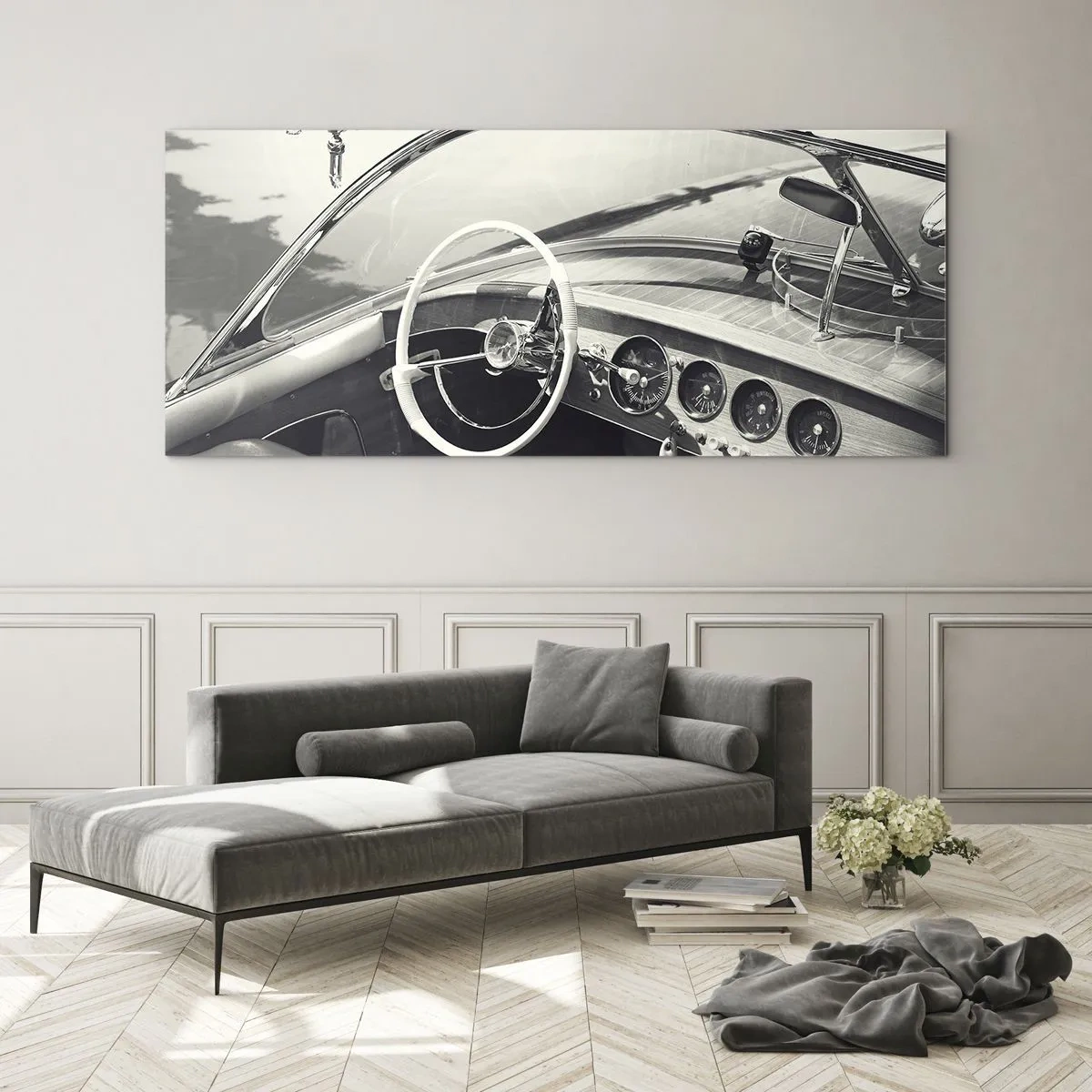 Glasbild - Bild auf glas - Oldtimer-Innenraum im monochromen Stil - 160x50cm - Wetter für die Reichen - Moderne Wanddekoration für Wohnzimmer und Schlafzimmer ARTTOR