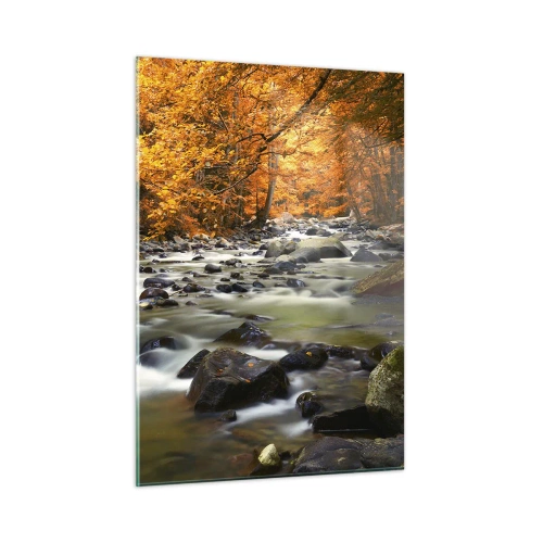 Glasbild - Bild auf glas - Herbstwald mit Bach und Steinen - 50x70cm - Ein Bach in einem goldenen Wald - Moderne Wanddekoration für Wohnzimmer und Schlafzimmer ARTTOR