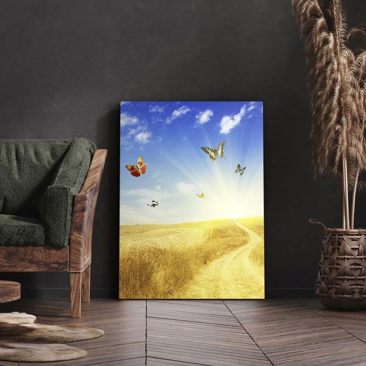 Bild auf Leinwand - Leinwandbild - Ein goldenes Feld, ein Pfad und Schmetterlinge vor einem blauen Himmel - 50x70cm - Und wie kann man den Sommer nicht lieben? - Moderne Wanddekoration für Wohnzimmer und Schlafzimmer ARTTOR