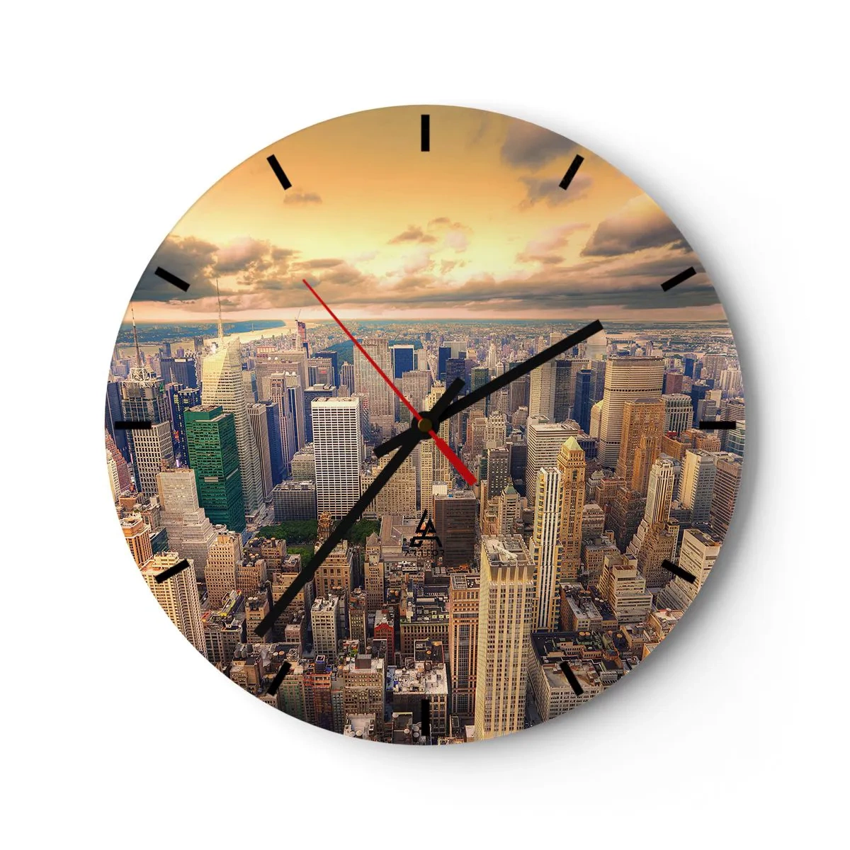 Wanduhr - Glasuhr - Panorama der Stadt bei Sonnenuntergang in warmen Farbtönen - 30x30cm - Vergoldete Metropole - Moderne Wanddekoration für Wohnzimmer, Küche und Schlafzimmer ARTTOR