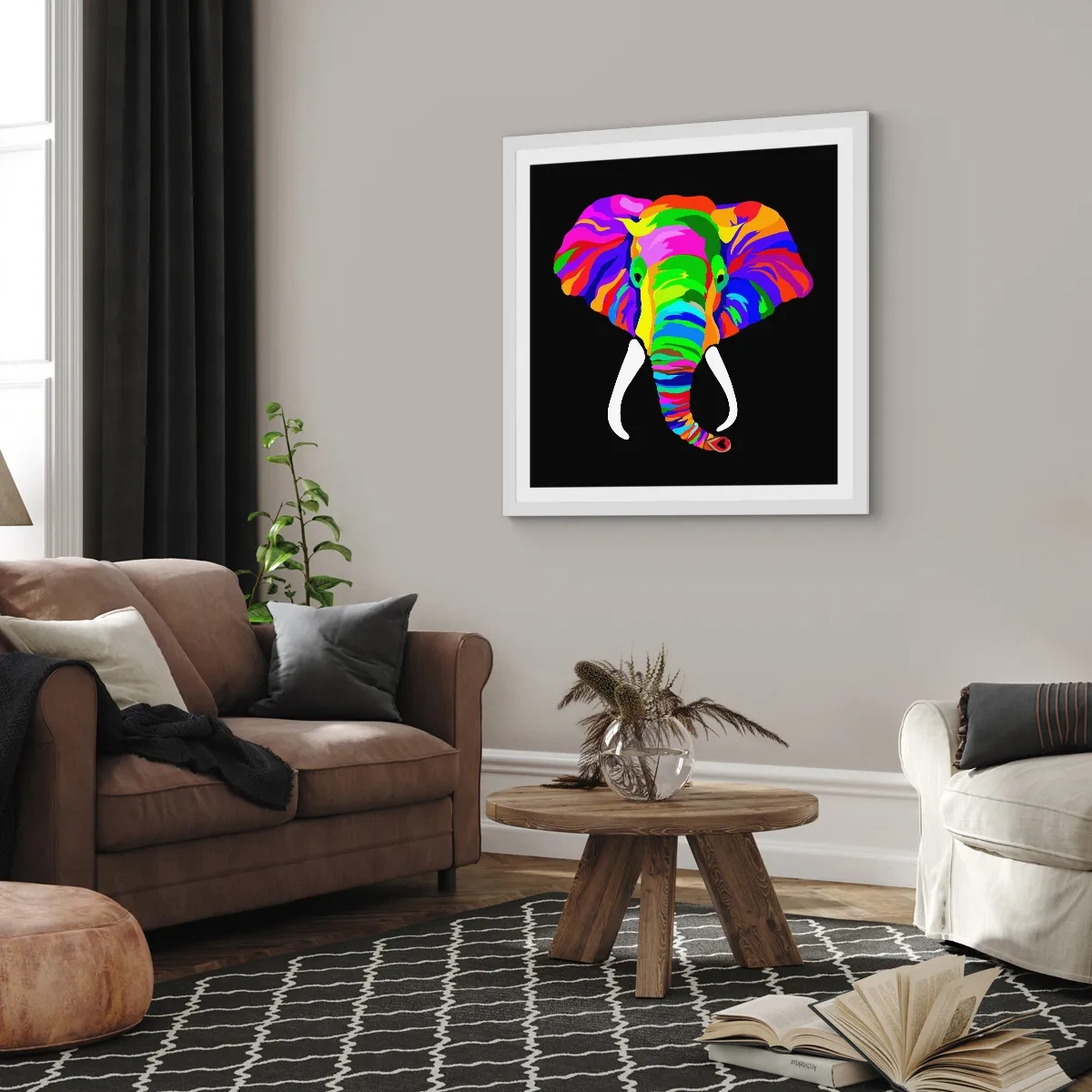 Poster in einem weißen Rahmen - Der Elefant, der es liebte, im Regenbogen zu baden - 30x30 cm