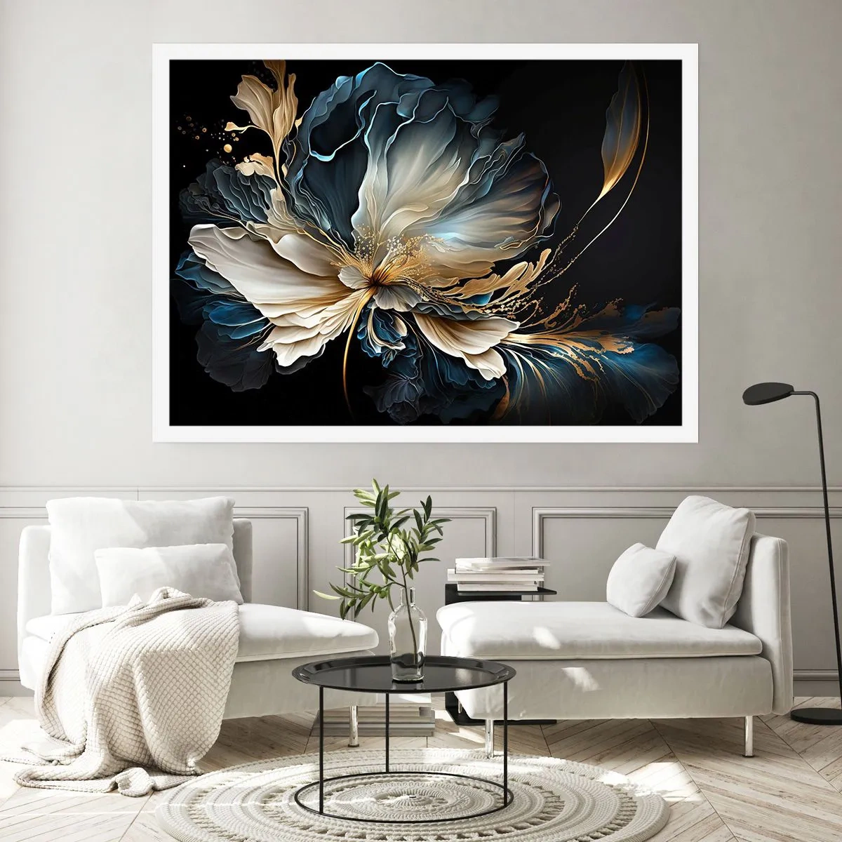 Poster - Eine Blume in Gold- und Marineblautönen auf schwarzem Hintergrund - 100x70cm - Märchenhafte Farnblume - Moderne Wanddekoration für Wohnzimmer und Schlafzimmer ARTTOR