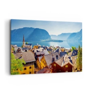 Bild auf Leinwand - Leinwandbild - Ein malerisches Dorf an einem See, umgeben von Bergen an einem sonnigen Tag - 100x70cm - Es könnte nicht malerischer sein - Moderne Wanddekoration für Wohnzimmer und Schlafzimmer ARTTOR