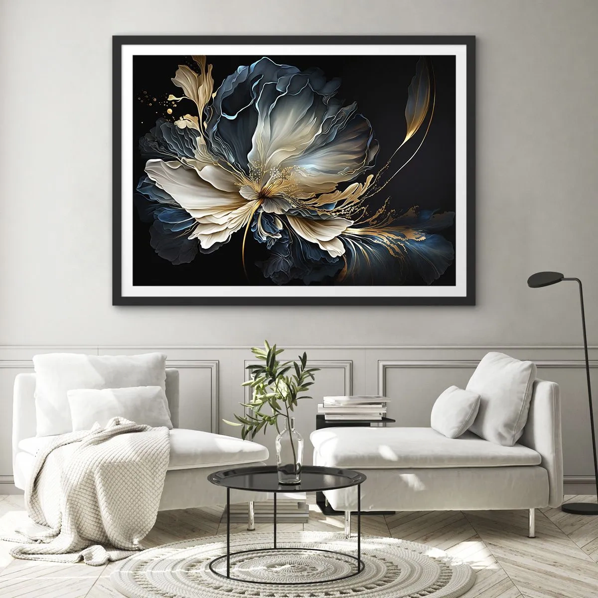 Poster in einem schwarzem Rahmen - Eine Blume in Gold- und Marineblautönen auf schwarzem Hintergrund - 70x50cm - Märchenhafte Farnblume - Moderne Wanddekoration für Wohnzimmer und Schlafzimmer ARTTOR