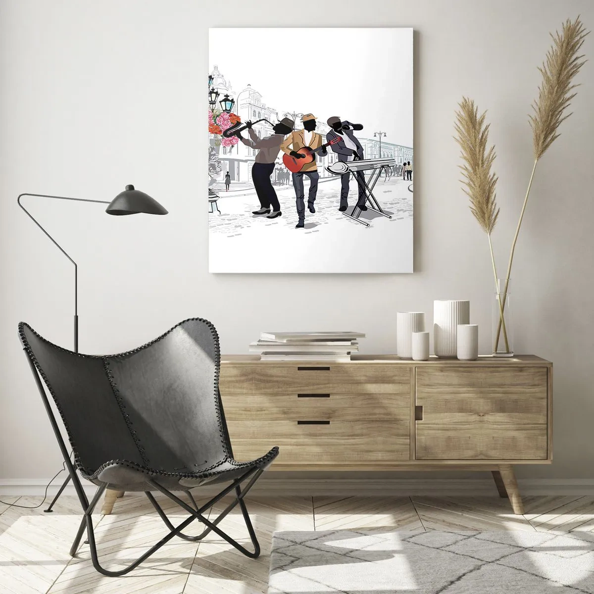 Glasbild - Bild auf glas - Straßenmusiker spielen vor dem Hintergrund einer urbanen Landschaft - 80x120cm - Straßenmusik - Moderne Wanddekoration für Wohnzimmer und Schlafzimmer ARTTOR