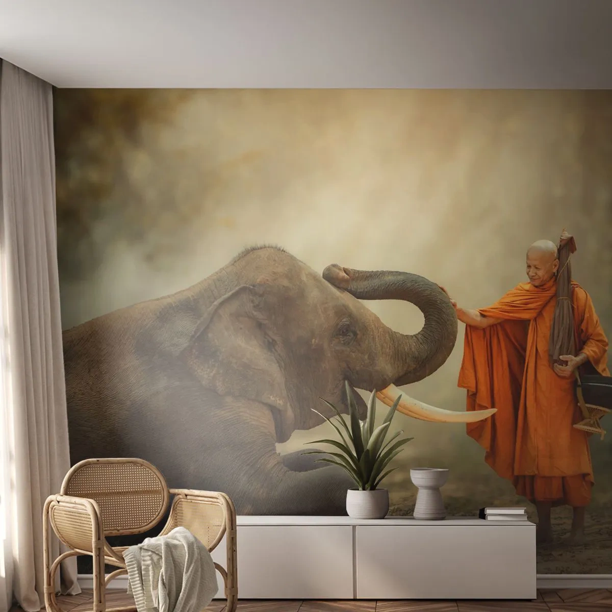 Fototapete Premium Sand - Ein Mönch und ein Elefant in einer mystischen Waldkulisse - 100x70cm - Treffen unterwegs - Moderne Wanddekoration für Wohnzimmer und Schlafzimmer ARTTOR