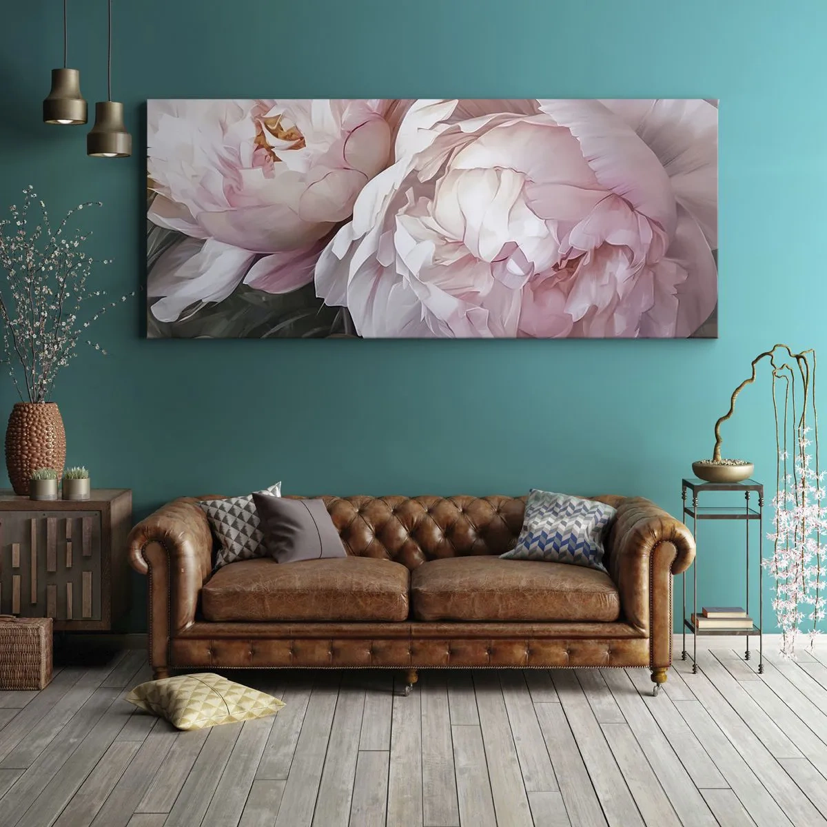 Bild auf Leinwand - Leinwandbild - Zarte rosa Pfingstrosen in voller Blüte - 120x50cm - In der Blüte angehalten - Moderne Wanddekoration für Wohnzimmer und Schlafzimmer ARTTOR