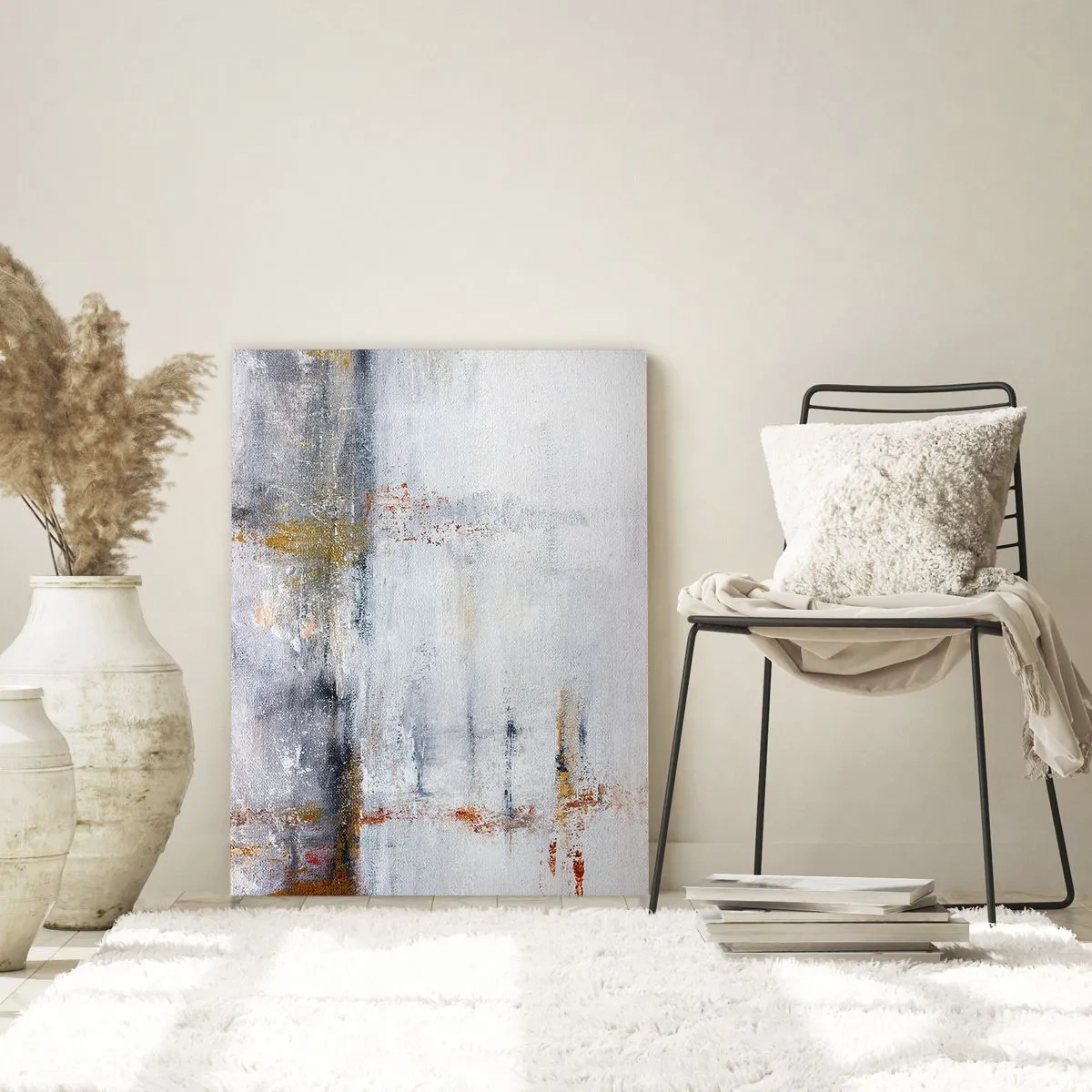 Glasbild - Bild auf glas - Eine abstrakte Landschaft mit verschwommenen Akzenten in Grau und Gold. - 80x120cm - Hinter dem Luftvorhang - Moderne Wanddekoration für Wohnzimmer und Schlafzimmer ARTTOR