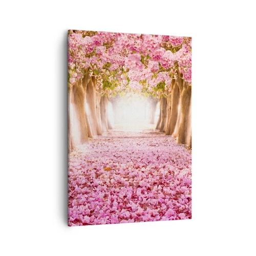 Bild auf Leinwand - Leinwandbild - Eine Allee blühender Bäume in Rosatönen - 50x70cm - Der Weg ins Paradies - Moderne Wanddekoration für Wohnzimmer und Schlafzimmer ARTTOR